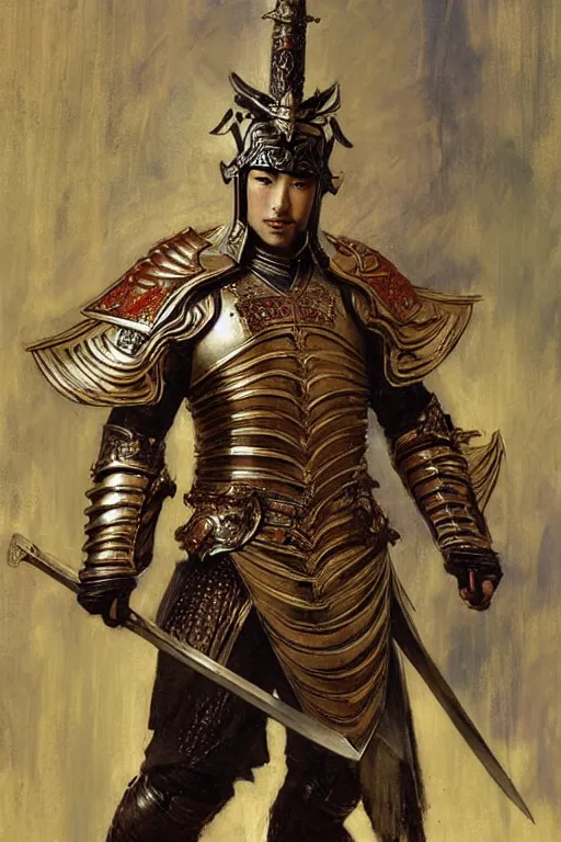 Image similar to attractive male with armor, ming dynasty, character design, painting by gaston bussiere, craig mullins, j. c. leyendecker, tom of finland