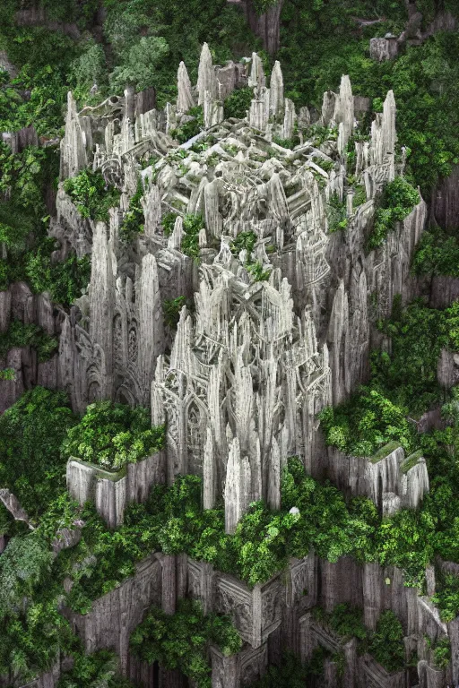 Image similar to ancient fractal temple megastructure in the hanging gardens of a radiant cathedral, overgrown garden, many white flowers, scanned earth terrain bridges, erosion algorithm landscape, by albert bierdstat, by glenn small, high fantasy, high resolution, photorealism, populated by luminous beings, volumes of fog, aerial perspective