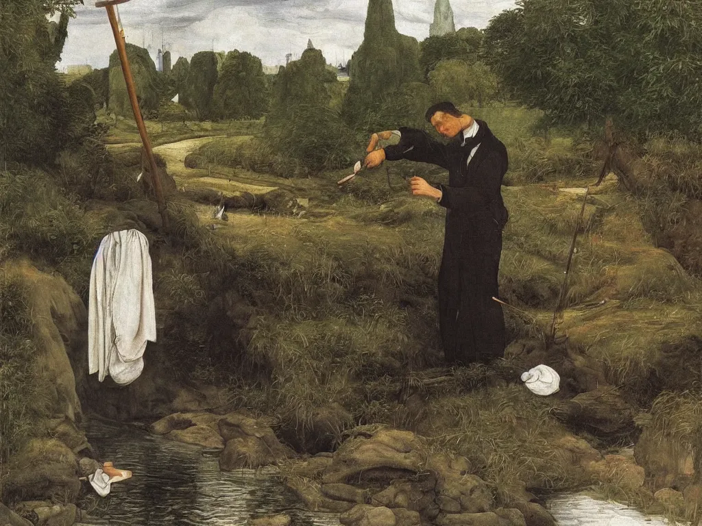 Prompt: Painter washing his brushes in a river in the afternoon. Painting by Lucas Cranach, Caspar David Friedrich, Lucian Freud.