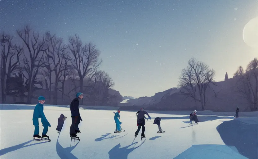 Image similar to ice skating on a frozen lake scene illustration by atey ghailan and escher and edward hopper