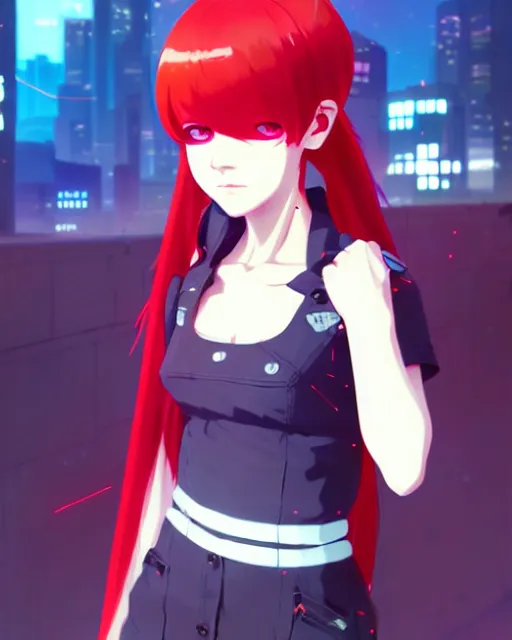 Prompt: portrait of cute cyberpunk girl with vibrant red hair, anime key visual, by ilya kuvshinov and wlop and makoto shinkai and studio ghibli