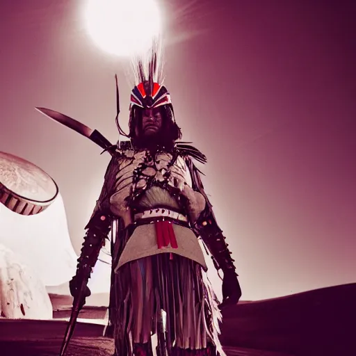 Image similar to portrait of iroquois warrior standing in front of a space ship command center, fashion editorial photography, waist up, low angle