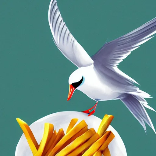 Prompt: A flying arctic tern holding french fries, illustration, storybook, Artstation