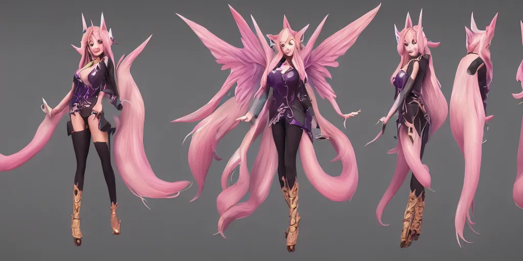 Image similar to Character sheet of bewitching ahri (League of Legends). 3d render, octane render, game art, realistic, highly detailed, trending on artstation, 4k, trending on artstation, pixar, cgsociety, unreal engine 5, redshift render, trending on artstation, blender, behance, cg