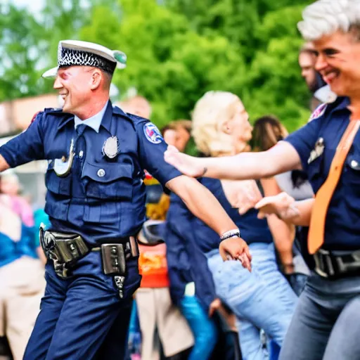 Prompt: Dutch police officer dancing with a farmer