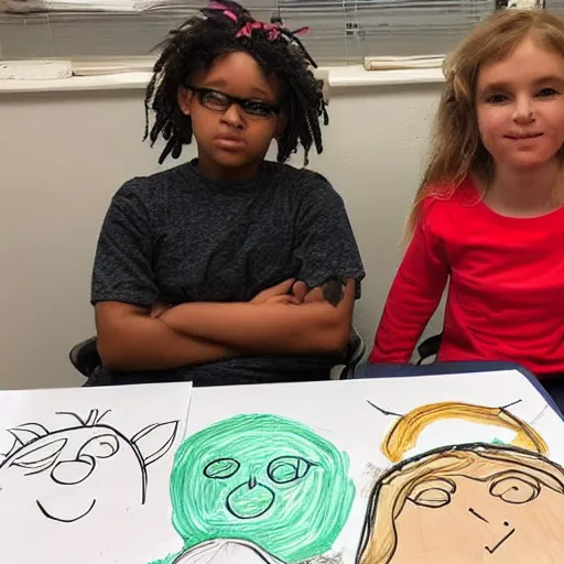 Prompt: sit down mrs. we need to talk about the artwork your sun drew in class today, this is some disturbing stuff and you need to see this