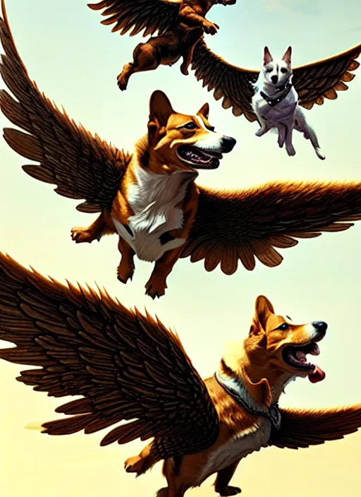 Image similar to masterpiece concept art, three corgis with wings, by greg rutkowski and geof darrow, 8 k, intricate detail, cinematic lighting