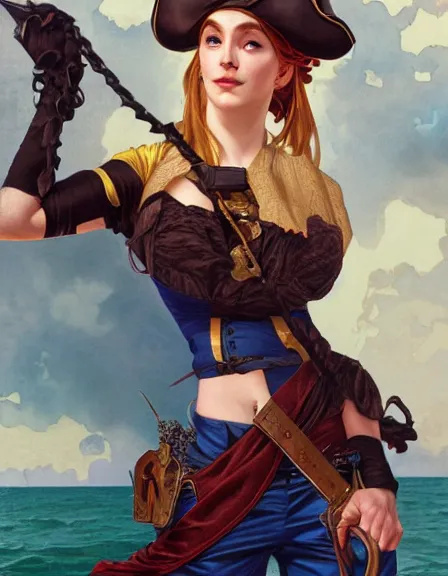 Prompt: fully clothed armed female pirate captain with a male deckhand partner, sun, summer, blue eyes, beauty, wisdom, love, strength, knowledge, smart, portrait, symmetrical, highly detailed, digital painting, artstation, smooth, sharp focus, illustration, strength, art by artgerm and alphonse mucha and louis theophile hingre. 8 k