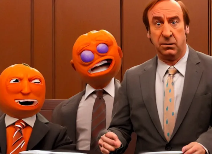 Image similar to saul goodman defending the annoying orange in court, high quality, 4k, television stil