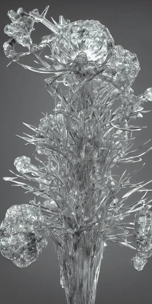 Image similar to 3 d render of a carved shibary crystal infected by mushroom, sculpture, with thorns, raytraced, volumetric lightning, 8 k, by zhelong xu, ouchh, erst haeckel