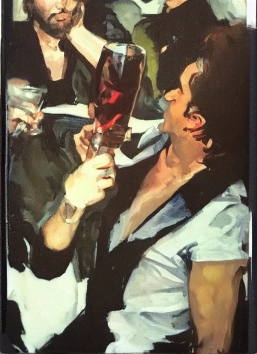 Image similar to polaroid of a glam rocker drinking brutal and raw wine with his friends by joaquin sorolla, phil hale, greek style, ultra detailed