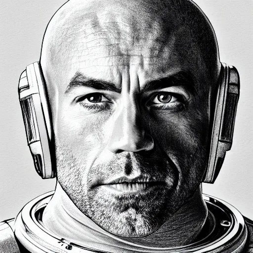 Image similar to a very detailed pencil drawing of joe rogan in an astronaut suit in space 4 k, high resolution, still, landscape, hd, dslr, hyper realistic, sketch