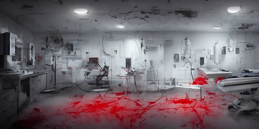 Image similar to High-tech white laboratory with horrible creature on the operating table, red panels with broken circuits, alarm lights, blood, horror, dark cinematic, volumetric, realistic, 3d render, Realistic Render, Cinematic lighting, Volumetric lighting, atmospheric, cinematic, unreal engine, unreal engine render, octane render, HD, photorealism, hyper realistic, photo, 8K, in the style of Chris Cunnigham, by Wes Anderson