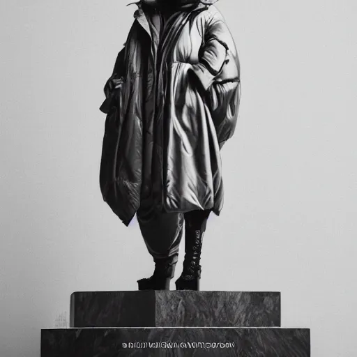 Image similar to well lit fashion shoot portrait of extremely beautiful female marble statue wearing huge over size puffer jacket by dingyun zhang, yeezy, balenciaga, vetements, a cold wall, sharp focus, clear, detailed,, cinematic, detailed, off white, glamourous, symmetrical, vogue, editorial, fashion, magazine shoot, glossy