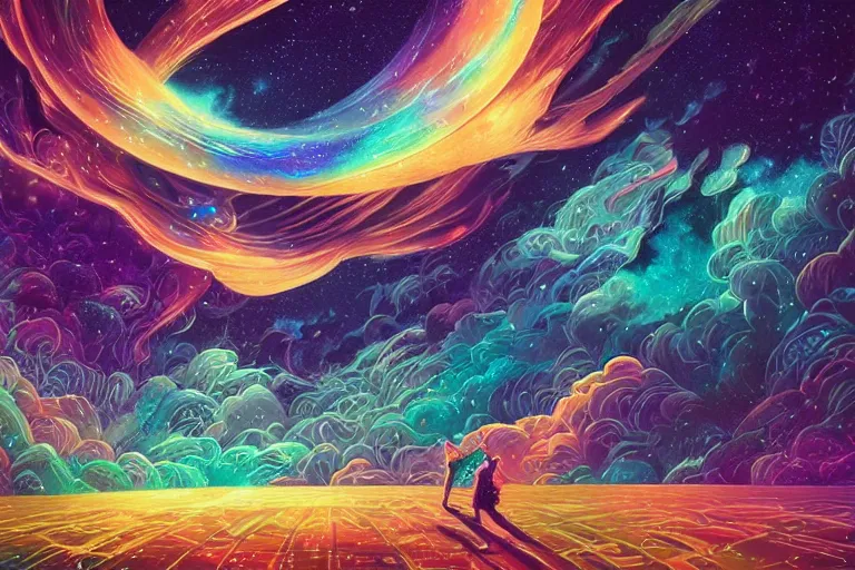 Prompt: holographic 🌠 wind convergence digital matte illustration, pastiche by dan mumford, pastiche by cyril rolando, pastiche by victo ngai, precise and intricate linework, art nouveau cosmic nebula 4 k detailed matte illustration trending on illustrationx, cgsociety, buff and aquamarine color scheme