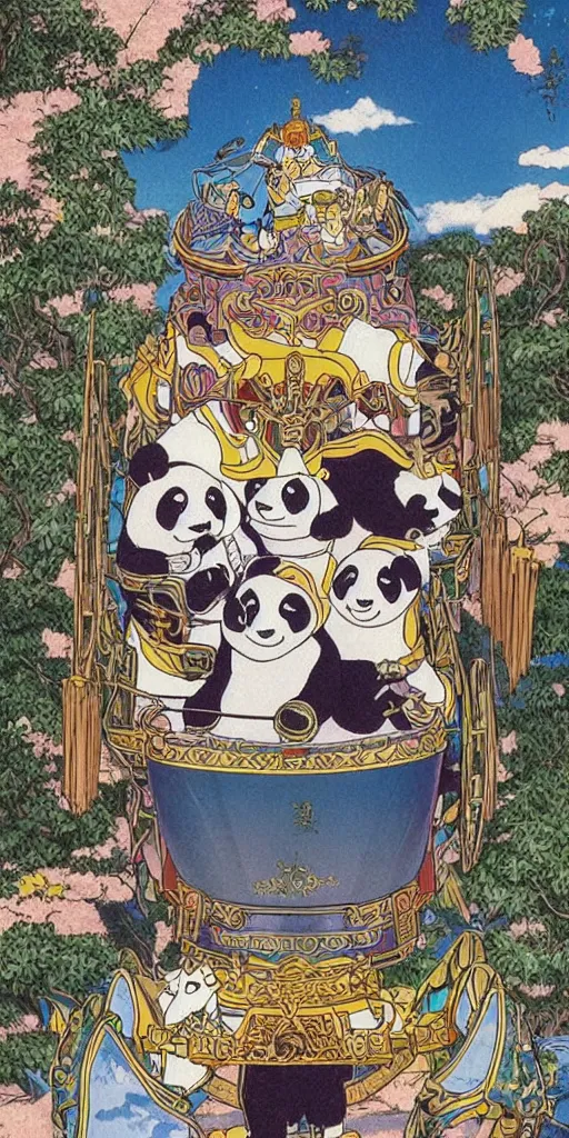 Image similar to a mystical chariot drawn by pandas in japan, 1990s anime, full color, tarot card the chariot,