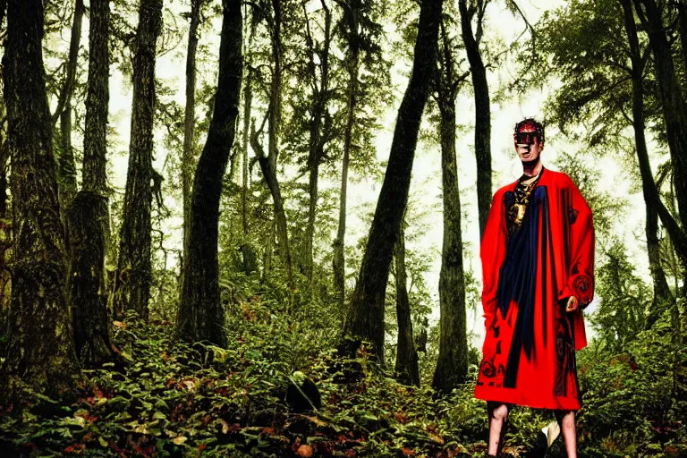 Image similar to versace avant garde male toga intricate textiles streetwear cyberpunk posing in the woods trees cloudy overcast dark late evening dramatic 3 5 mm professional color