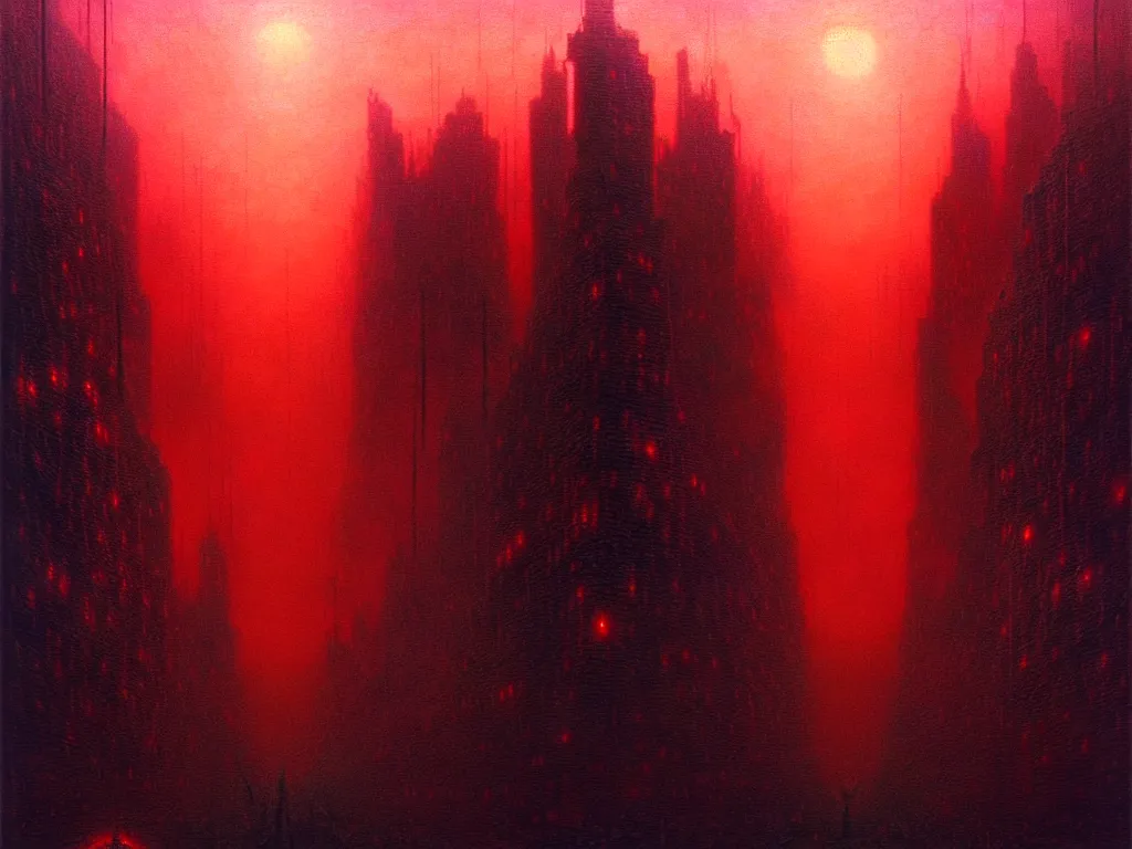 Image similar to an epic cityscape painting of a nightmarish hellscape full of cosmic horrors, by zdzisław beksinski and greg rutkowski, wall street, horror, surreal, cyberpunk, dark, vivid, red, blue, oil on canvas, neon lights, epic, organic