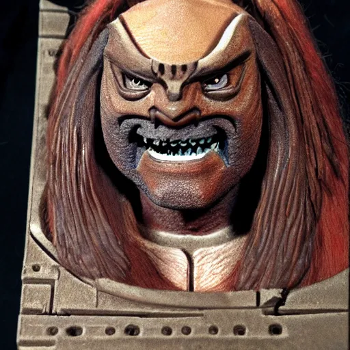 Prompt: Gowron the Klingon complete with Klingon forehead ridges and Klingon sharp teeth looking into a small hole cut into a wall