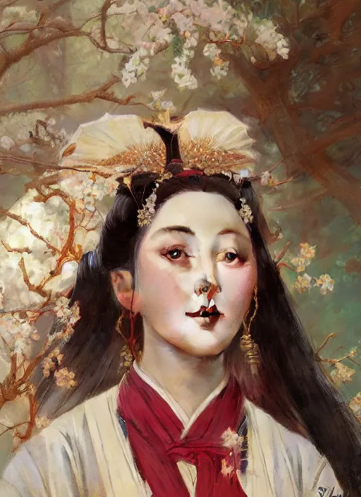 Image similar to detailed portrait of fan bingbing wearing hanfu, natural light, painting by gaston bussiere, craig mullins, j. c. leyendecker