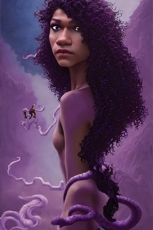 Image similar to zendaya with wavy dark purple hair coming out of the abyss with a panther on her shoulder, ultrafine hyperrealistic fantasy oil painting, art by ida outhwaite and loish, trending on artstation, dungeons and dragons, magic the gathering, intricate linework, sharp focus, smooth, unreal engine, dramatic lighting, 8 k,