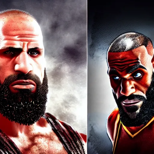 Prompt: kratos fighting lebron james