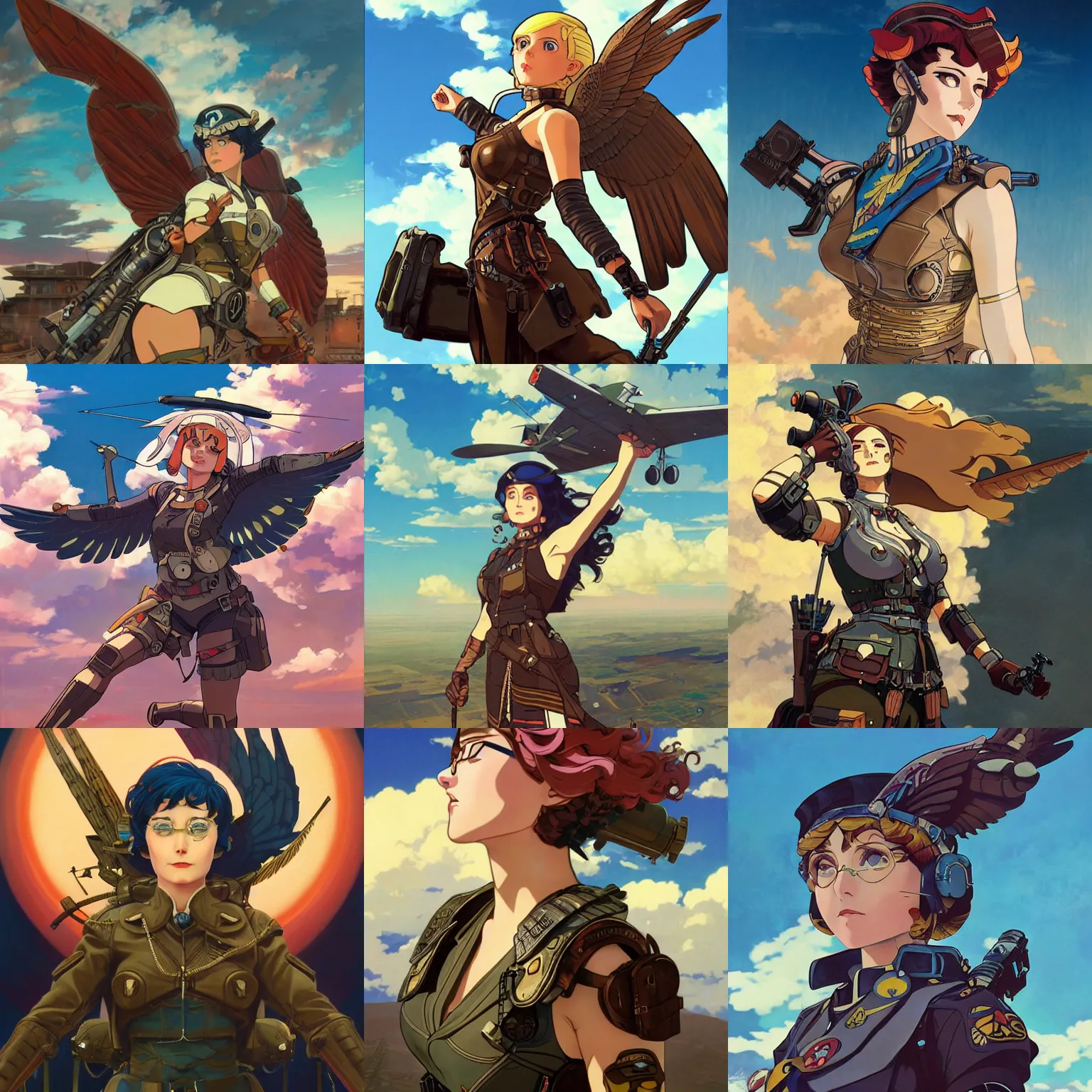 Prompt: a dieselpunk valkyrie taking flight into a vivid sky, defined ilya kuvshinov face, highly detailed, cel shading, oil painting, anime key visual, in the style of hayao miyazaki and alphonse mucha