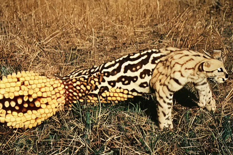 Prompt: a photo of a giant mutant ocelot corncob in its natural habitat, kodak ektachrome e 1 0 0 photography