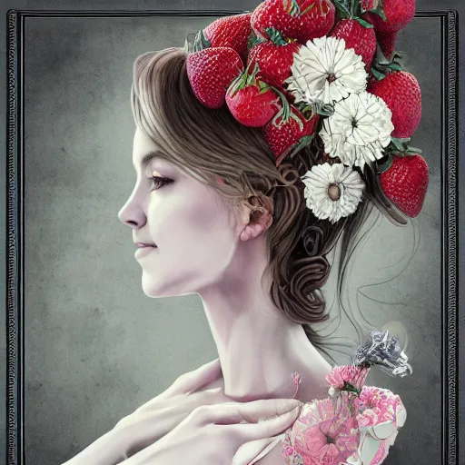 Image similar to the portrait of an absurdly beautiful, graceful, elegant, sophisticated, fashionable young woman made of strawberries and white petals with tears, an ultrafine hyperdetailed illustration by kim jung gi, irakli nadar, intricate linework, bright colors, octopath traveler, final fantasy, unreal engine 5 highly rendered, global illumination, radiant light, detailed and intricate environment