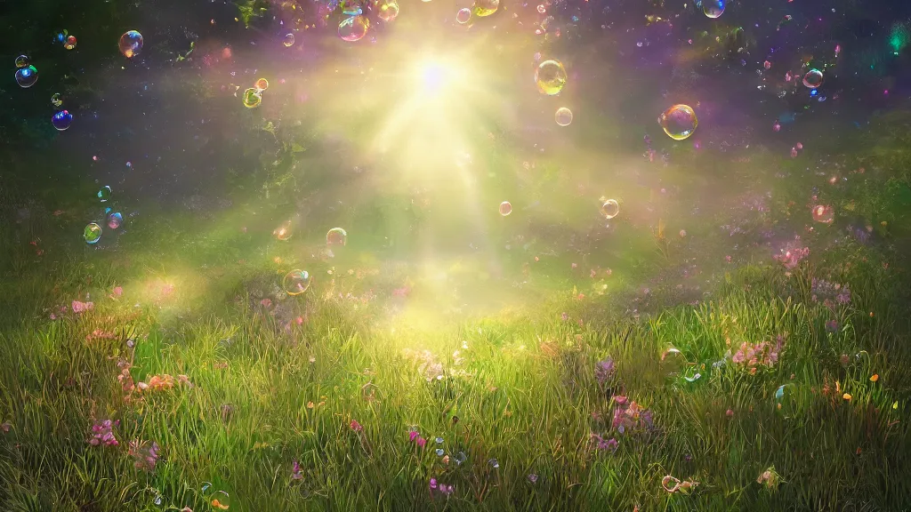 Prompt: a flowery grassy angelic heavenly light forest, lighting, rim light, pebbles, stones, bubbles, artstation, digital art.