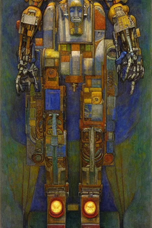 Prompt: the robot in his regalia, by Annie Swynnerton and Diego Rivera and Elihu Vedder, symbolist, dramatic lighting, elaborate geometric ornament, Art Brut, soft blues and greens,smooth, sharp focus, extremely detailed, Adolf Wölfli