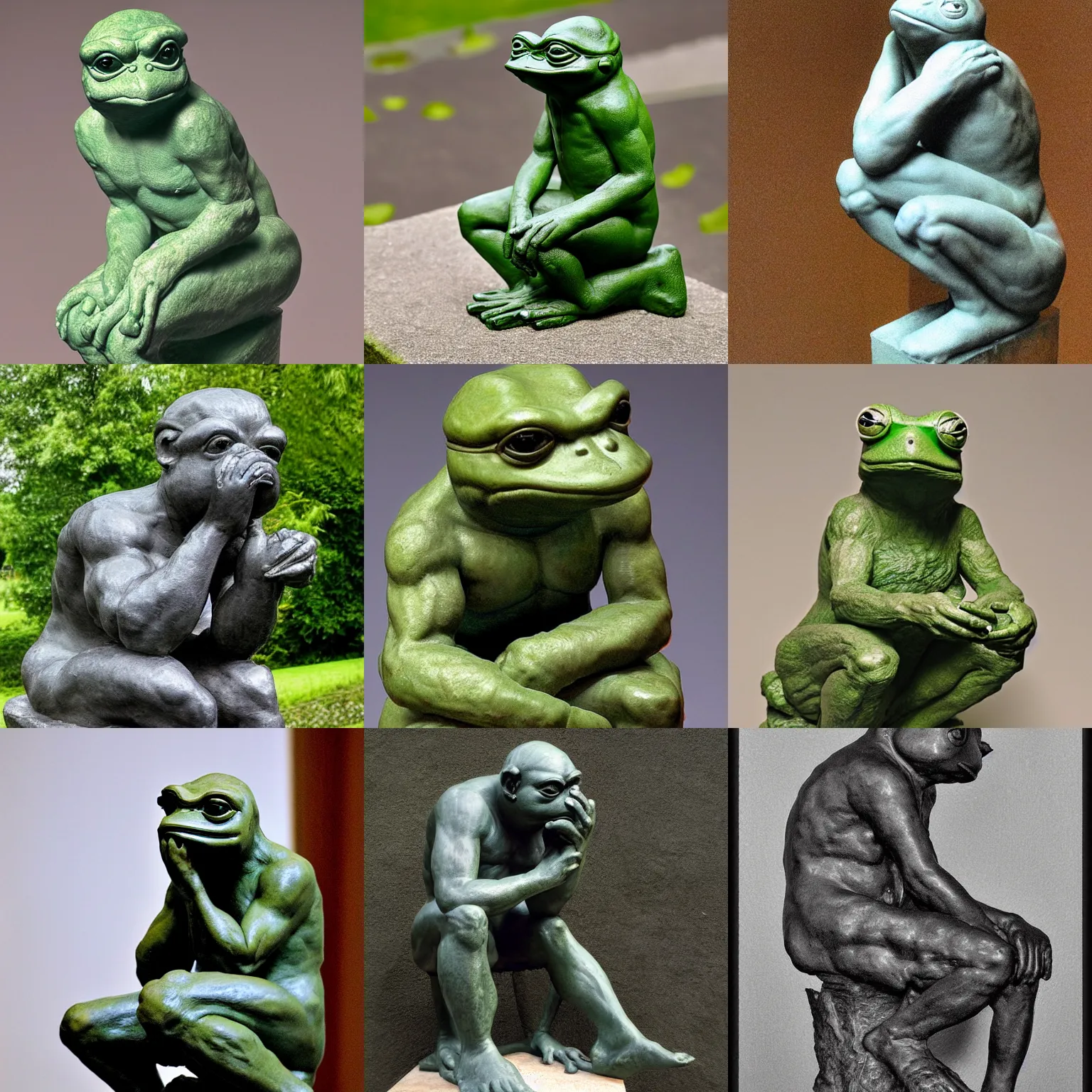 Image similar to the thinker pepe the frog by Auguste Rodin