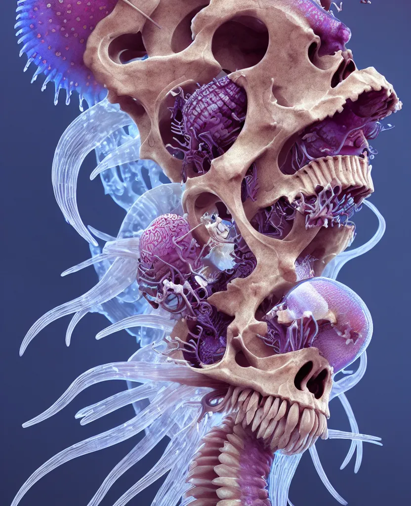 Image similar to goddess close-up portrait ram skull, thorax, x-ray, backbone, jellyfish phoenix head, nautilus, orchid, skull, betta fish, bioluminiscent creatures, intricate artwork by Tooth Wu and wlop and beeple. octane render, trending on artstation, greg rutkowski very coherent symmetrical artwork. cinematic, hyper realism, high detail, octane render, 8k