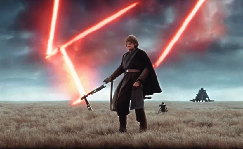 Prompt: screenshot portrait of Luke Skywalker in a windy fiery battlefield with scattered parts of destroyed AT-AT walkers, with young jedi army behind him, iconic scene from 1970s film by Stanley Kubrick, last jedi, 4k HD, cinematic lighting, beautiful portrait of Mark Hammill, moody scene, stunning cinematography, anamorphic lenses, kodak color film stock