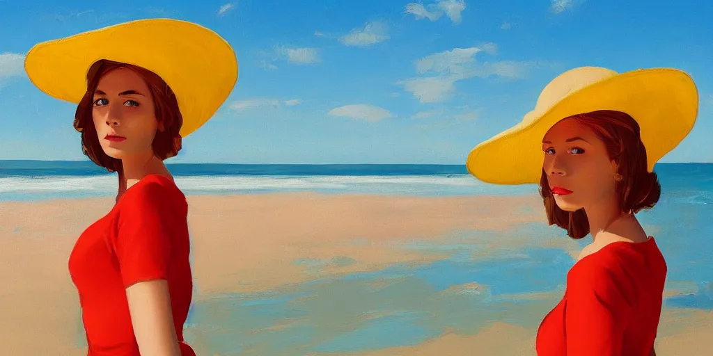 Image similar to beautiful oil matte portrait painting, young woman with red dress and mustard yellow summer hat at a beach on a sunny day, wonderful masterpiece highly detailed, beautiful cinematic light deep focus, elegant, digital painting, smooth, sharp focus, golden ratio, dramatic illumination, ultra realistic, 8 k, art by andy warhol