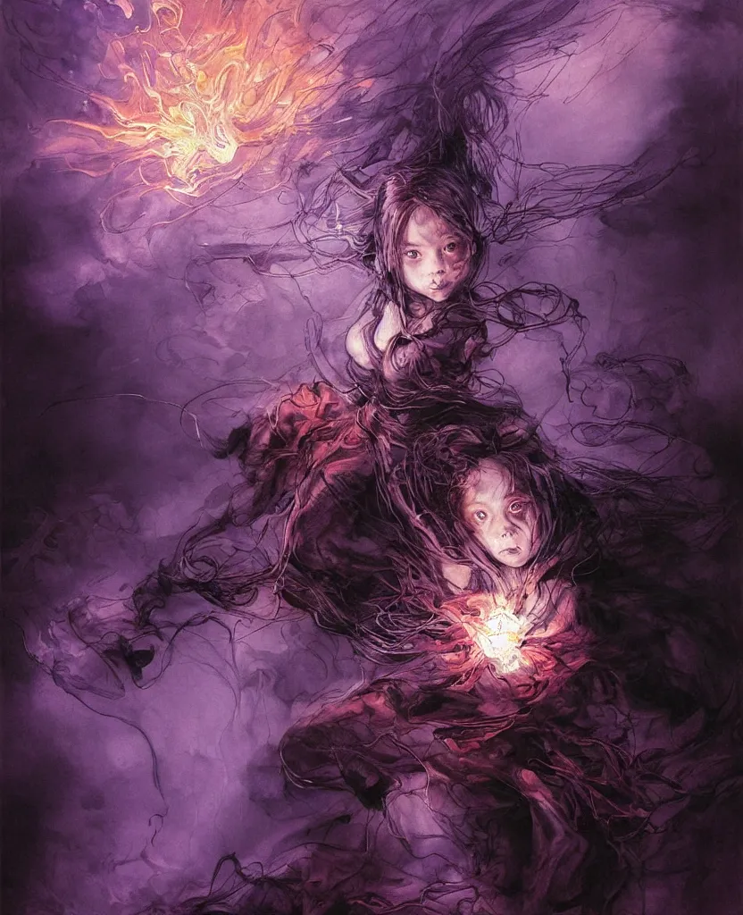 Prompt: a painting small girl with purple fire in his hands fighting a giant, dark colors, sinister atmosphere, dramatic lighting, cinematic, establishing shot, extremely high detail, photo realistic, cinematic lighting, pen and ink, intricate line drawings, by Yoshitaka Amano, Ruan Jia, Kentaro Miura, Artgerm, post processed, concept art, artstation, matte painting, style by eddie mendoza, raphael lacoste, alex ross,