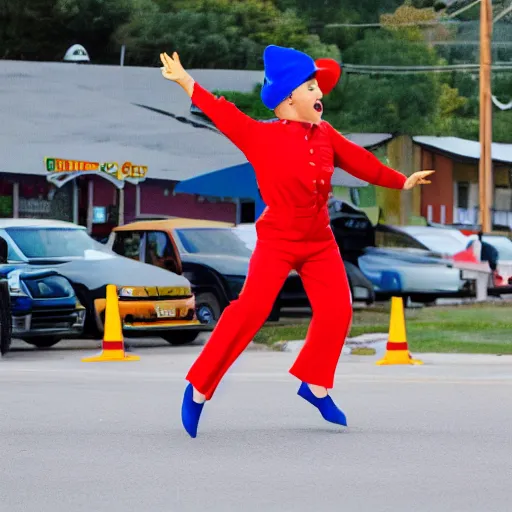 Prompt: realistic photograph of one bright yellow cat wearing a red hat, a green shirt and blue overalls dancing in a parking lot