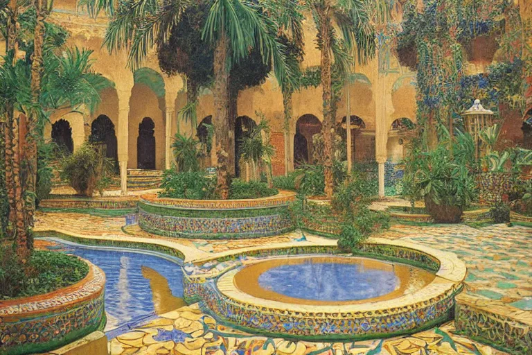 Prompt: painting of a beautiful moorish palace courtyard garden, by arkady rylov and rudolf ernst and maxfield parrish, patterned tilework, palm trees, tiled fountains, extremely detailed, cinematic lighting, smooth sharp focus