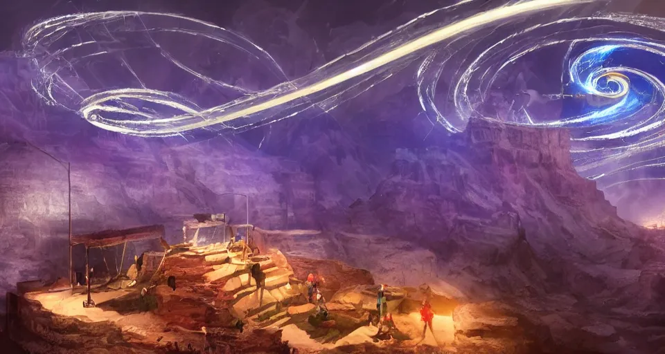 Image similar to night, a lot of people and a spiral - shaped white luminous attractor is floating in grand canyon, concept art, art for the game, professional lighting, art