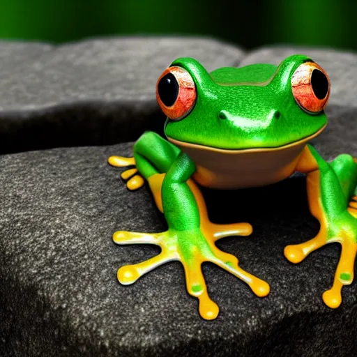 Image similar to a cute little frog sitting on a rock in the middle of a forest lake, isometric minimalist 3d render, unreal engine 5