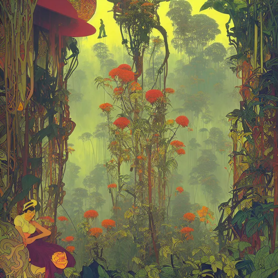 Image similar to surreal glimpse, malaysia jungle, summer morning, very coherent and colorful high contrast pastel art by gediminas pranckevicius alphonse mucha james gilleard james gurney floralpunk screen printing woodblock, dark shadows, hard lighting, stippling dots, art nouveau