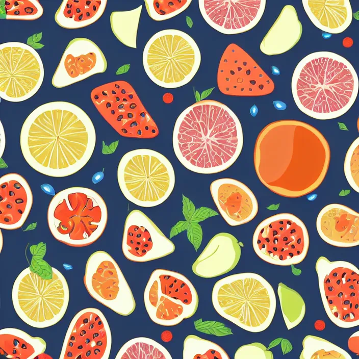 Prompt: vector pattern with fruits, vector illustration, simple colors, minimalism, symmetry, symmetrical, looping, artstation, DeviantArt