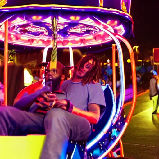 Prompt: death grips riding tilt - a - whirl at a carnival, mc ride, zach hill, andy morin,