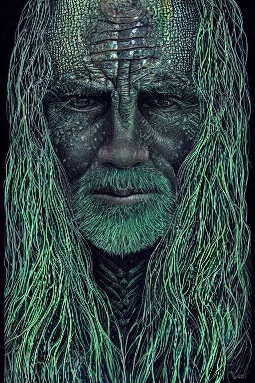 Image similar to dark portrait of one Bioluminescent old shaman, with cracked reaction diffusion semi-transparent skin. multicolored fish scales, closeup. long dark hair with insects and plant leaves. at night, realistic. intricate, very detailed, by alex grey and Moebius