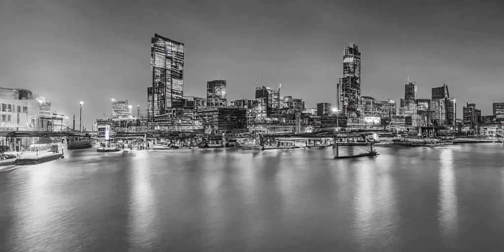 Image similar to high quality night photograph of docklands in london, dimly lit cirrus clouds, long exposure, architecture photography, ultrawide image