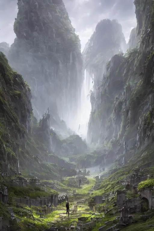 Prompt: An elven city at the base of a lush green valley with white monoliths surrounded by a moat by Greg Rutkowski, Sung Choi, Mitchell Mohrhauser, Maciej Kuciara, Johnson Ting, Maxim Verehin, Peter Konig, 8k photorealistic, cinematic lighting, HD, high details, dramatic, trending on artstation, full body shot