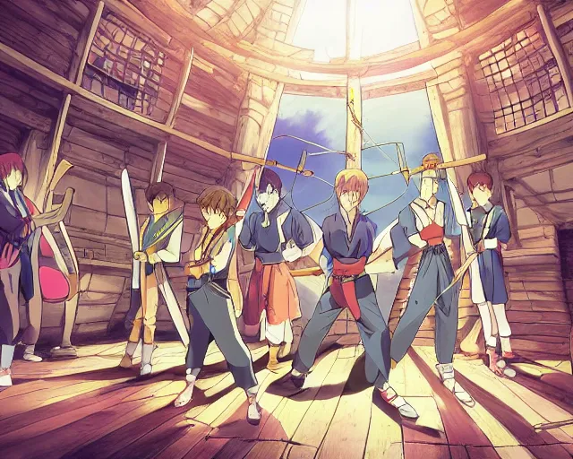 Image similar to cell shaded anime key visual of a group apprentice wizards training in an archery dojo in the style of studio ghibli, moebius, ayami kojima, makoto shinkai, dramatic lighting, clean lines