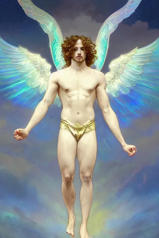 Prompt: fullbody portrait of a beautiful young fit male angel with curly blond hairs, dressed in long fluent clothes, bare feet, majestic symmetrical big dove wings, luminous halo, by greg rutkowski and alphonse mucha, gradient white to gold, in front of an iridescent background, highly detailed portrait, digital painting, artstation, concept art, smooth, sharp focus illustration