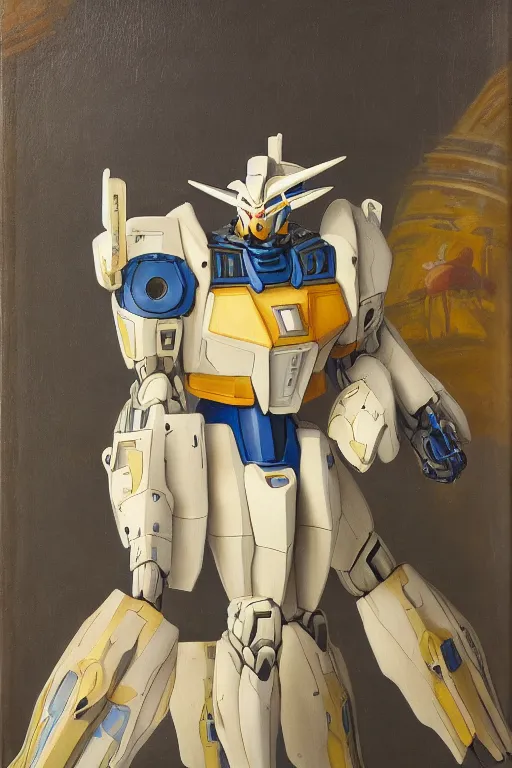 Prompt: a elegant gundam robot with fluo color detail, and muted arm colors, on top of dutch master painting of exotic plastic flowers