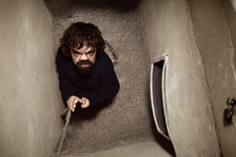 Image similar to peter dinklage climbing out of a toilet, movie still, from the new sleepaway camp movie, 8 k, realistic